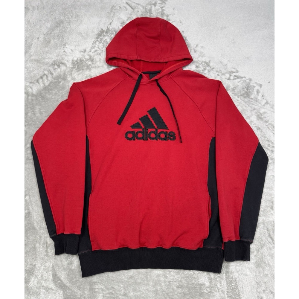 Vintage Adidas Spellout Logo Hoodie Mens Medium Red Black Embroidered 2000s Y2K